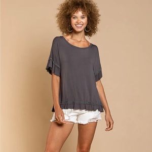 POL CLOTHING Charcoal Flowy Peek a Boo Back Tee Shirt Ruffle Summer. Fits large.